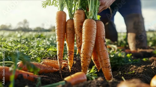 Freshly harvested carrots pulled from rich, dark soil in a vibrant farm setting.