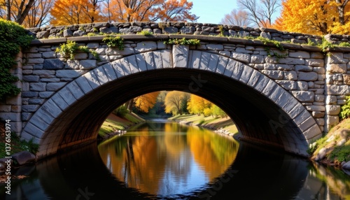 An underfoot view of a stone bridge arching over a river with colorful reflections.