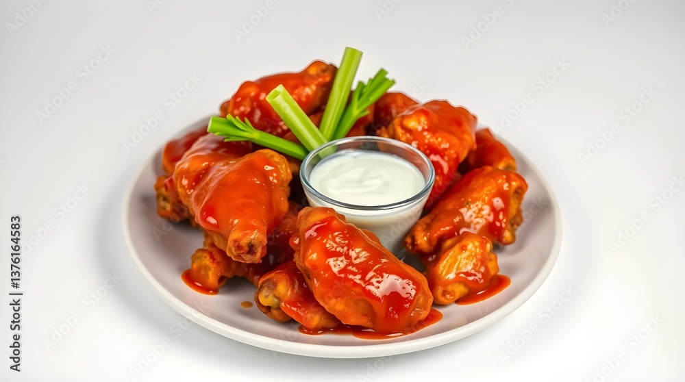 A plate of crispy buffalo chicken wings coated in a fiery red hot sauce, garnished with fresh celery sticks and a side of cool ranch dressing A plate of crispy buffalo chicken wings coated in a fiery red hot sauce, garnished with fresh celery sticks and a side of cool ranch dressing