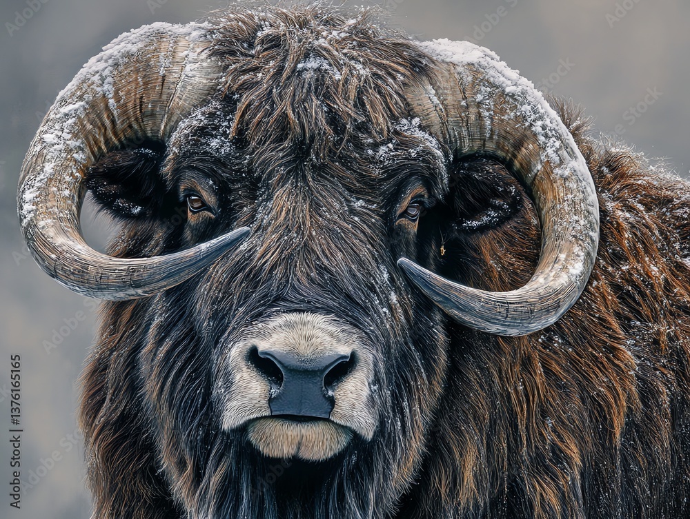 Naklejka premium Musk Ox Portrait Covered in Snow with Massive Horns Close Up