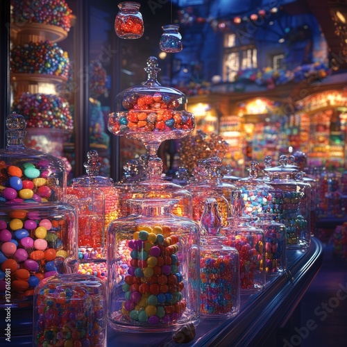 Vibrant candy store display.  Colorful jars filled with assorted candies.  Night setting with warm lighting