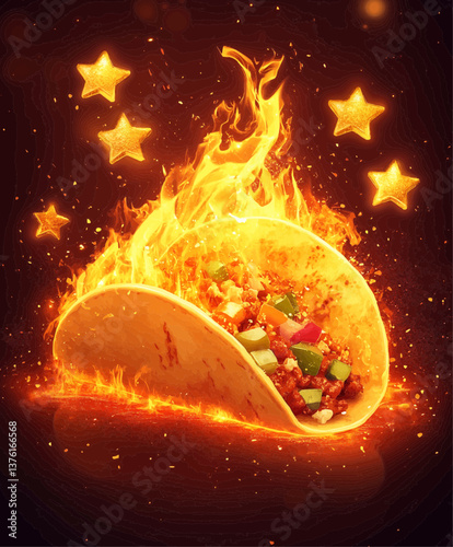 Spicy taco bursting with flames, vibrant vegetables, and sizzling heat, surrounded by glowing golden stars on a dark, dramatic background.