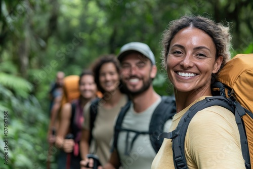 Group of happy hikers smiling while trekking through lush green