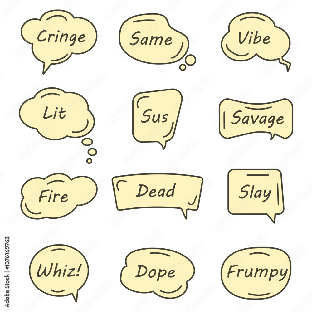 Set of speech bubbles with text. Hand drawn vector illustration doodle colourful text banners set Set of speech bubbles with text. Hand drawn vector illustration doodle colourful text banners set