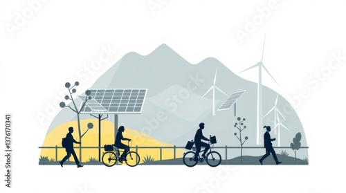 People Walking and Biking Near Renewable Energy Sources in Silhouette