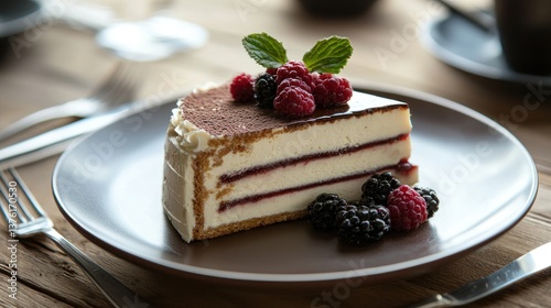 Elegant dessert plate with a cake slice. 