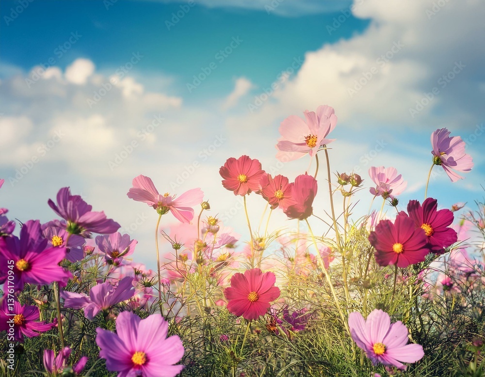 Obraz premium Purple, pink, red, cosmos flowers in the garden with blue sky and clouds