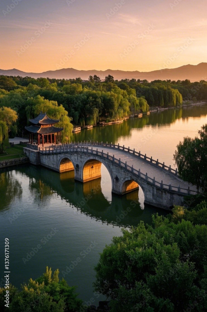 Fototapeta premium arafed bridge over a lake with a pavilion in the background