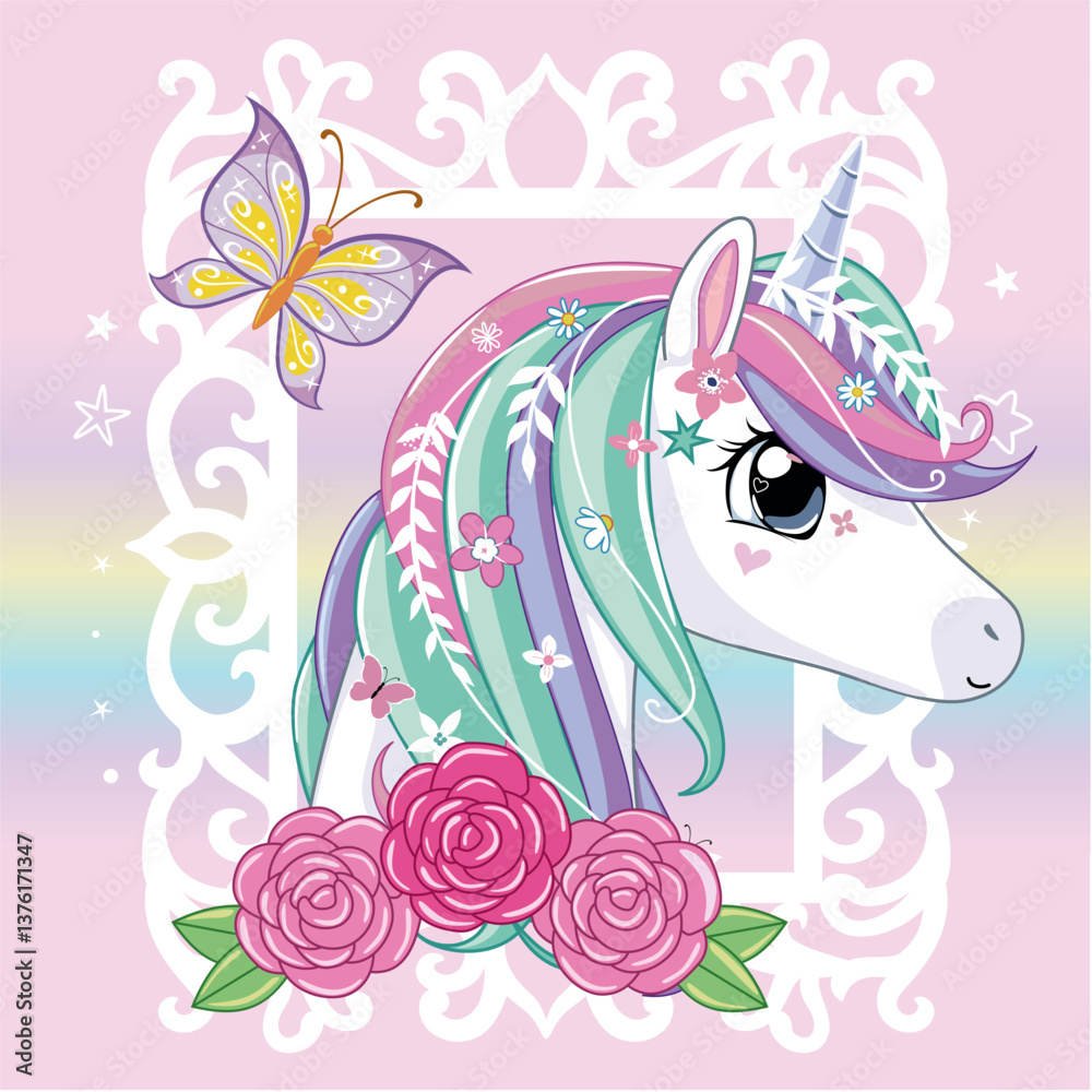 Fotografie Unicorn head in vintage frame.
