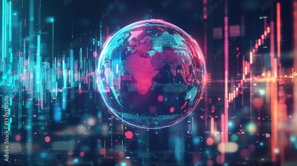 Fototapeta premium liquid sphere represents global economy with vibrant data visuals illustration