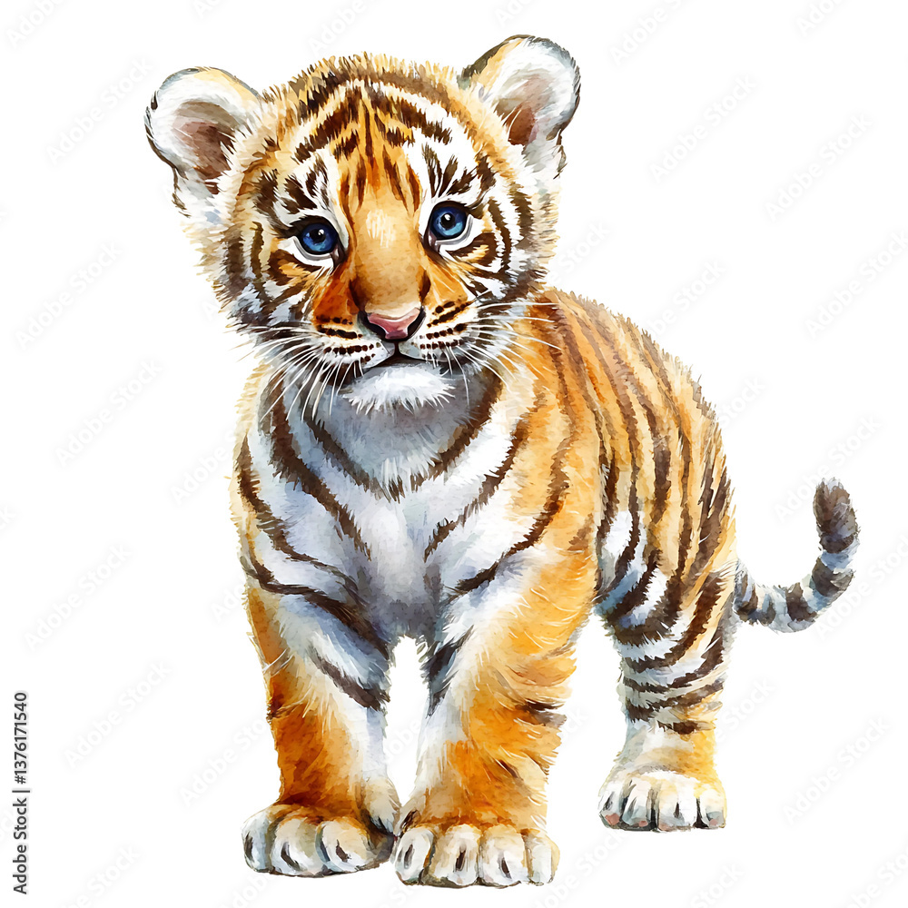 Fototapeta premium Watercolor hand drawn Tiger, Baby Tiger PNG, Tiger Clip Art, Tiger Decor, Tiger isolated on white background, Cute Baby Animal Clipart, Tiger Illustration, Jungle animals