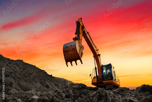 Wallpaper Mural Excavator during earthmoving at construction site on sunset background. Сonstruction machinery for excavating. Tower cranes lifting a concrete bucket for pouring of concrete into formwork Torontodigital.ca