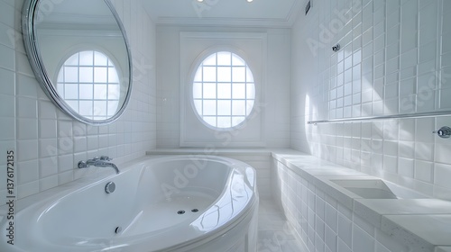 Elegant Luxury White Tile Bathroom with Tub and Round Mirror