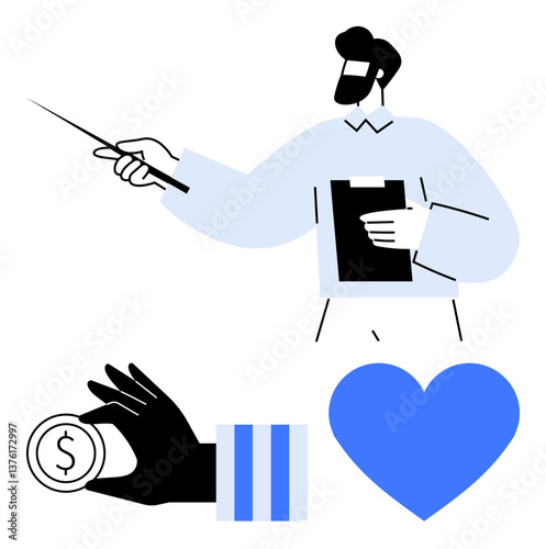 Man pointing with stick while holding clipboard, hand offering coin, blue heart symbolizing care. Ideal for business, finance, charity, education, leadership, wellness teamwork flat simple metaphor