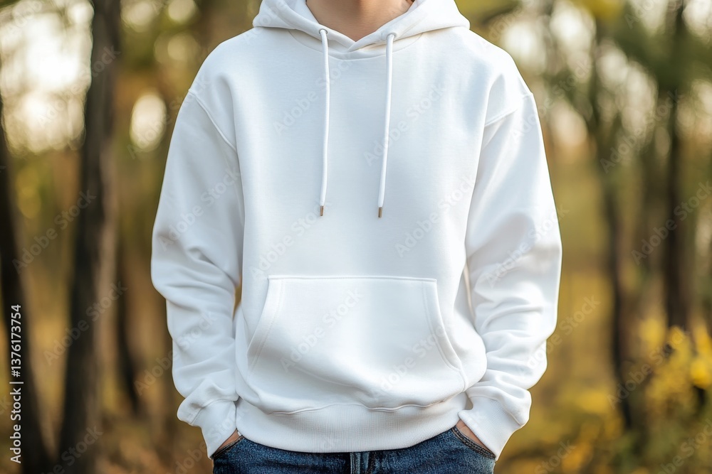 Fototapeta premium White hoodie worn by a person standing in a forest during autumn with blurred foliage in the background