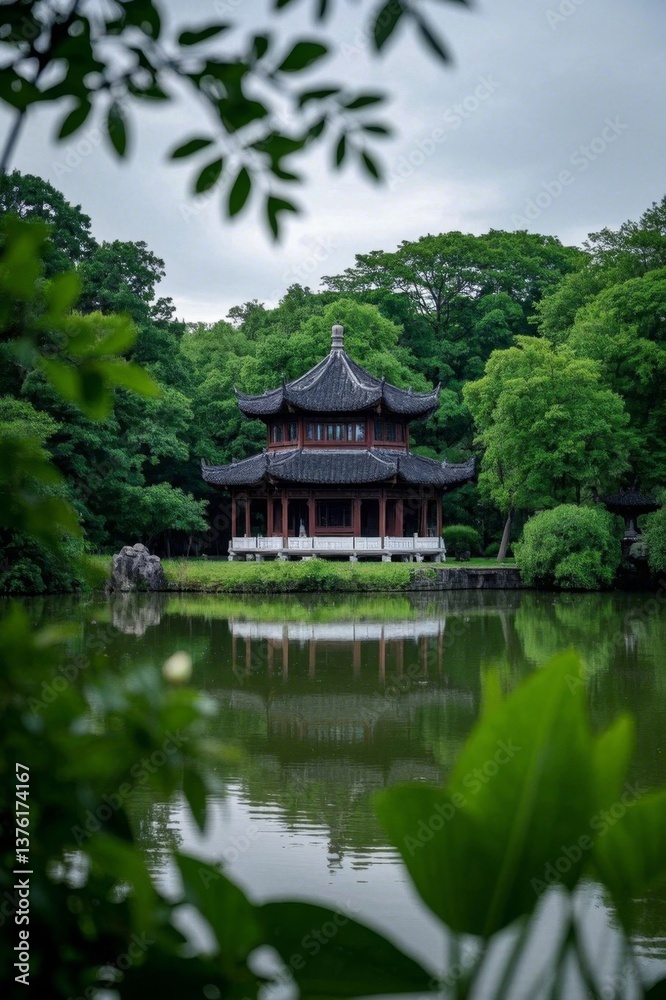 arafed building in a park with a pond and trees arafed building in a park with a pond and trees