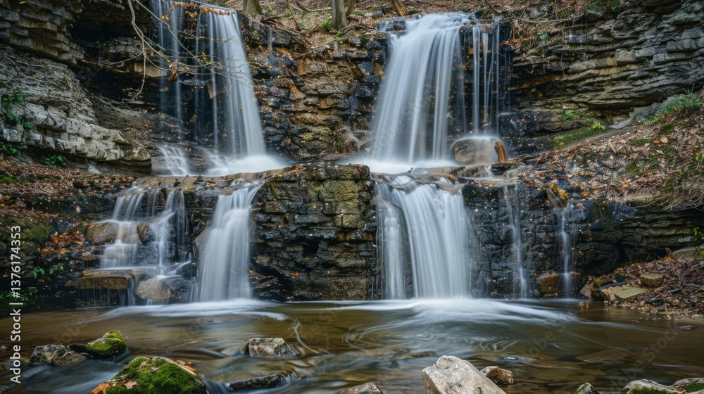 Fototapeta premium Twin waterfalls cascading down a rocky cliff in a serene landscape.