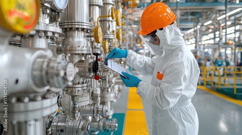 A factory worker in a protective uniform inspecting and maintaining the pipes valves and instrumentation of industrial and equipment in a manufacturing facility