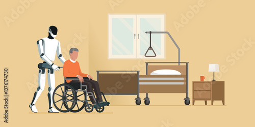 AI humanoid robot helping a senior person in a wheelchair