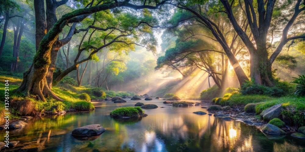 Fototapeta premium Serene Stream and Ancient Trees Basking in Golden Sunlight A Picturesque Scene of Tranquil Nature
