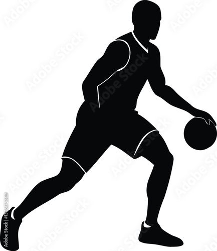 Black and white silhouette of a basketball player dribbling, symbolizing motion, sportsmanship, and competition, perfect for athletic, basketball, and training visuals