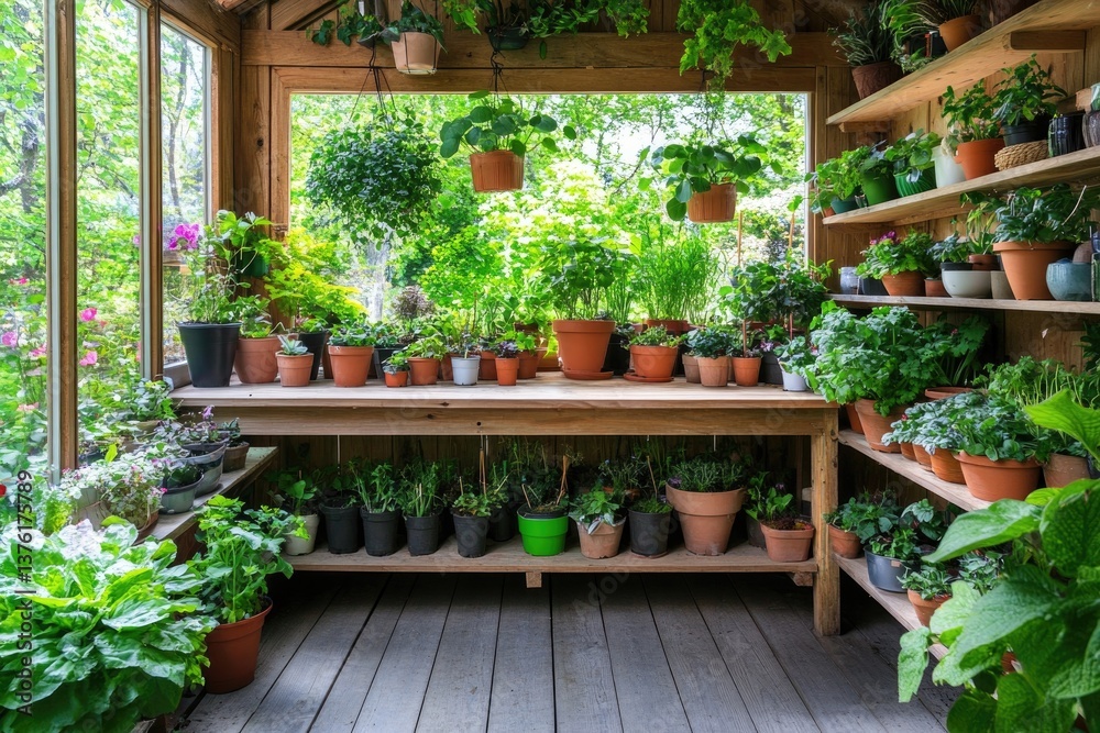 Fototapeta premium Lush greenery fills bright wooden greenhouse, showcasing various