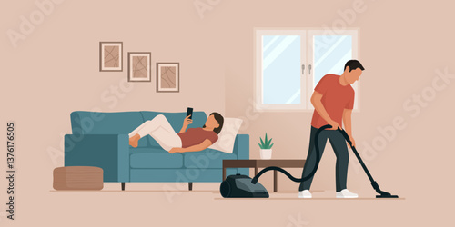 Man cleaning up and lazy woman lying on the couch