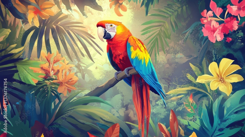 Fototapeta premium Vibrant parrot in a colorful jungle with lush foliage and bright flowers, highlighting the beauty of nature and exotic wildlife. illustration