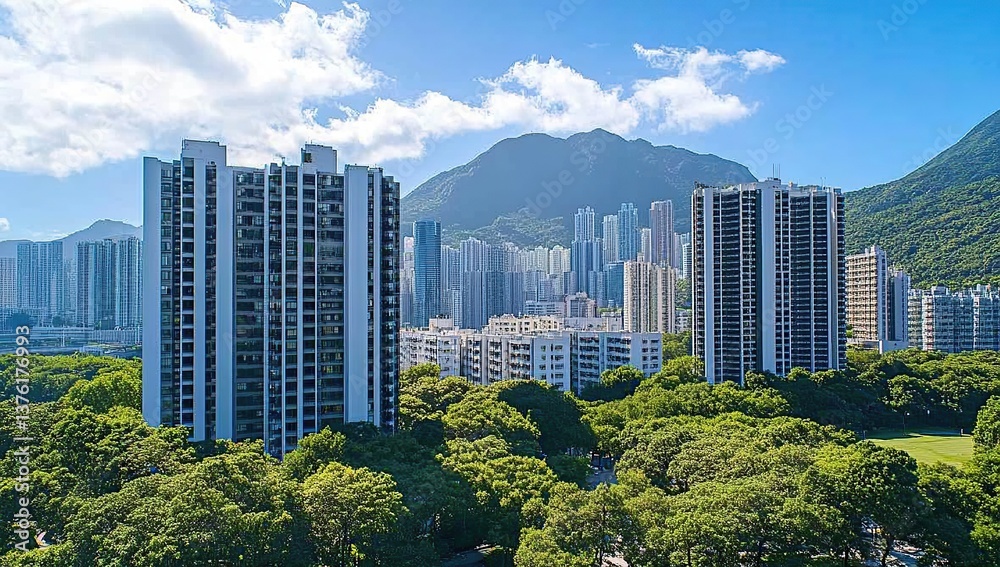 Fototapeta premium In the high-rise buildings of Hong Kong, there is an apartment complex with trees in front