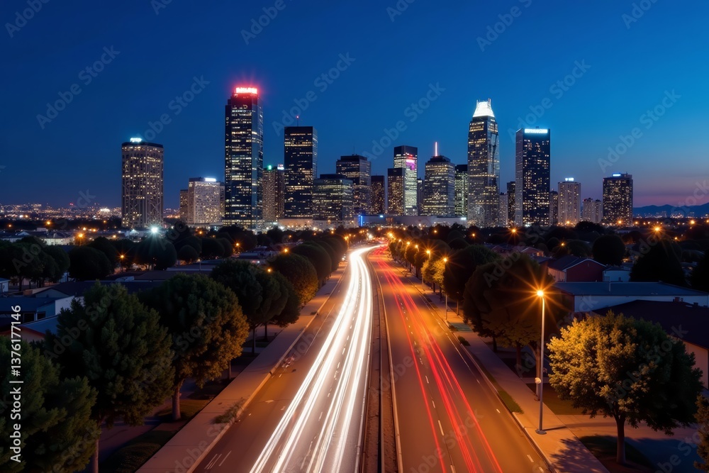Fototapeta premium Detail of downtown Bakersfield with modern skyscrapers and vibrant city lights at night, aerial view, buildings