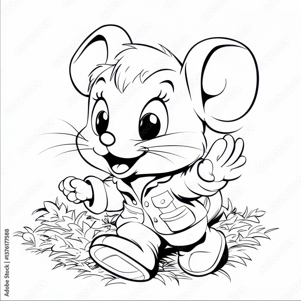 Fototapeta premium Adorable Cartoon Mouse Walking on Grass