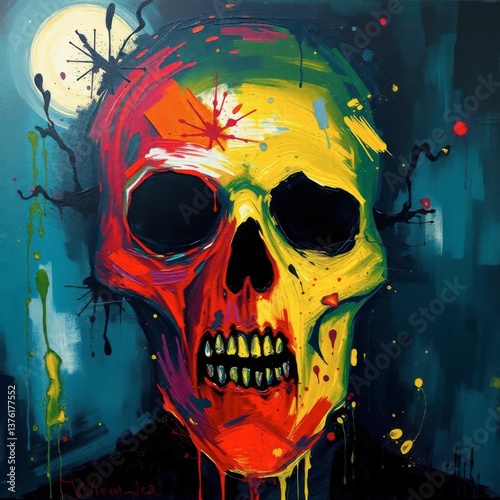 Colorful Skull Art Painting with Dripping Paint and Dark Background