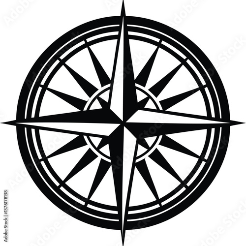 Intricate black and white illustration of a compass rose with directional points, representing navigation, exploration, and travel, ideal for adventure or map-themed designs