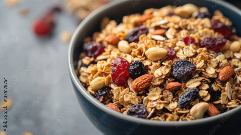 Healthy granola bowl filled with oats, nuts, and dried fruits prepared for breakfast in a modern kitchen