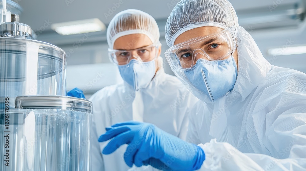 Two Laboratory Technicians in Protective Gear with Face Masks and Goggles Conducting Research with Advanced Laboratory Equipment and Instruments Two Laboratory Technicians in Protective Gear with Face Masks and Goggles Conducting Research with Advanced Laboratory Equipment and Instruments