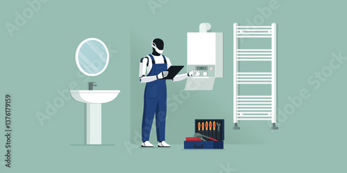 Plumber robot checking a boiler at home