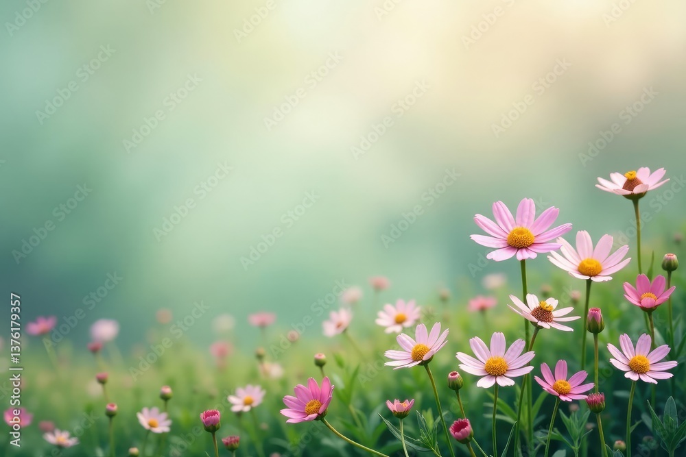 Fototapeta premium Scattered small wildflowers, soft pastel hues , wallpaper, surface, texture