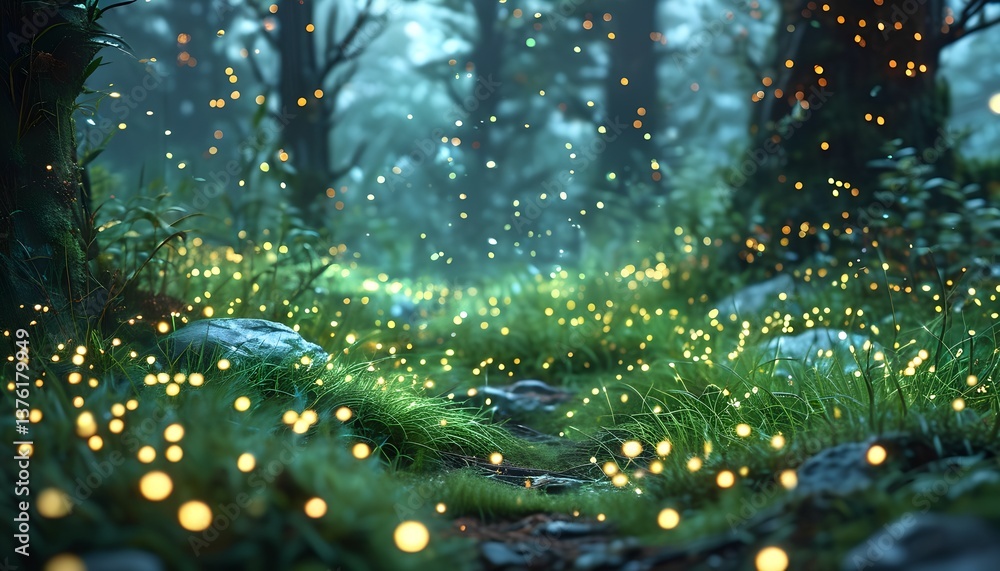 Forest with Floating Glowing Orbs and Lush Greenery Forest with Floating Glowing Orbs and Lush Greenery