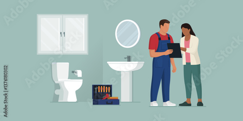 Professional plumber and customer at home