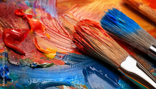a close up of paintbrushes resting on a textured palette with vibrant blue orange and red paints capturing the essence of artistic creativity and color blending