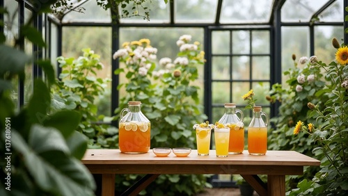 Low table in a greenhouse with elderflower lemonade and kombucha flights