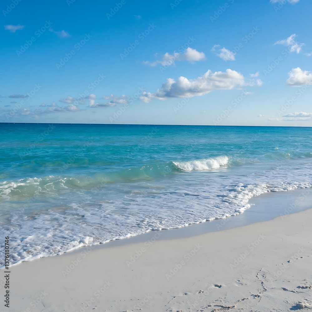 Obraz premium This tranquil beach scene showcases a beautiful turquoise ocean meeting a pristine white sand beach under a vibrant blue sky dotted with fluffy white clouds.
