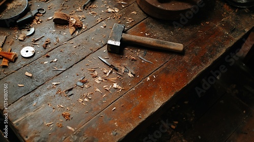 Woodworking workbench cluttered with tools and sawdust
