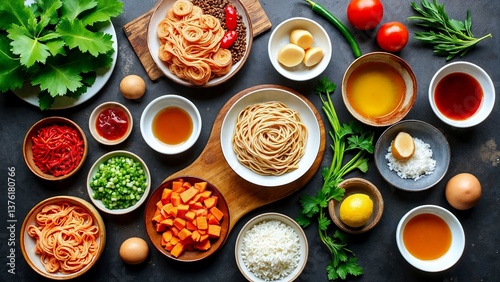 Wallpaper Mural Vibrant flat lay of fusion ramen prep ingredients: bamboo shoots, jackfruit, tahini broth, and chili oil Torontodigital.ca