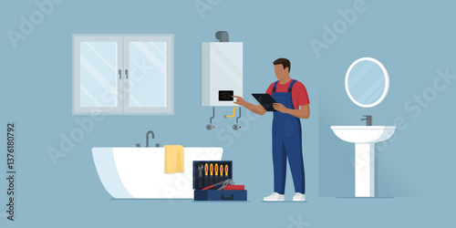 Professional engineer servicing a boiler
