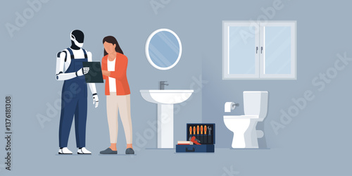 Plumber robot and customer at home