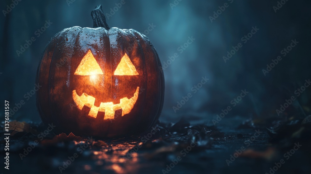 Naklejka premium Glowing Jack-o'-lantern in a dark, misty forest. Spooky Halloween scene.