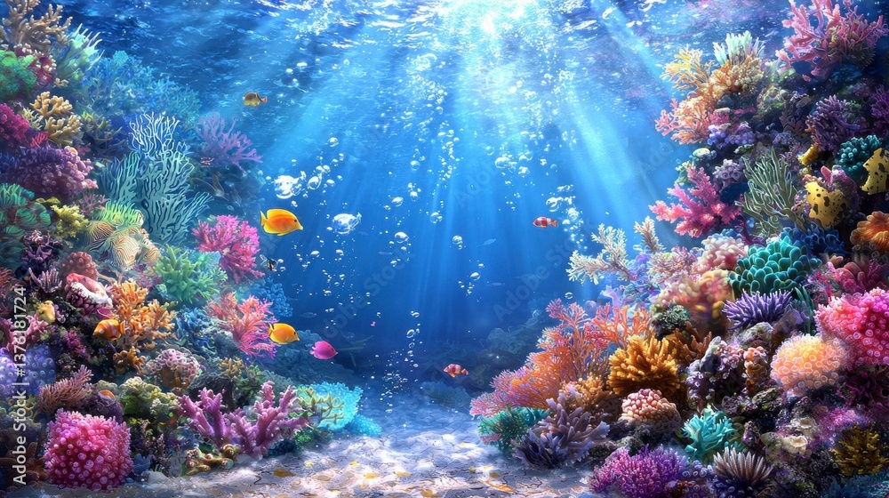 Fototapeta premium Underwater Coral Reef Scene with Colorful Fish and Sunbeams