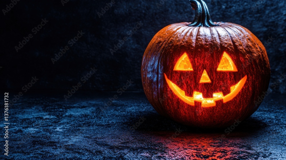 Naklejka premium Lit Jack-o'-lantern on dark background. Glowing Halloween pumpkin with carved face. Festive autumn decoration.