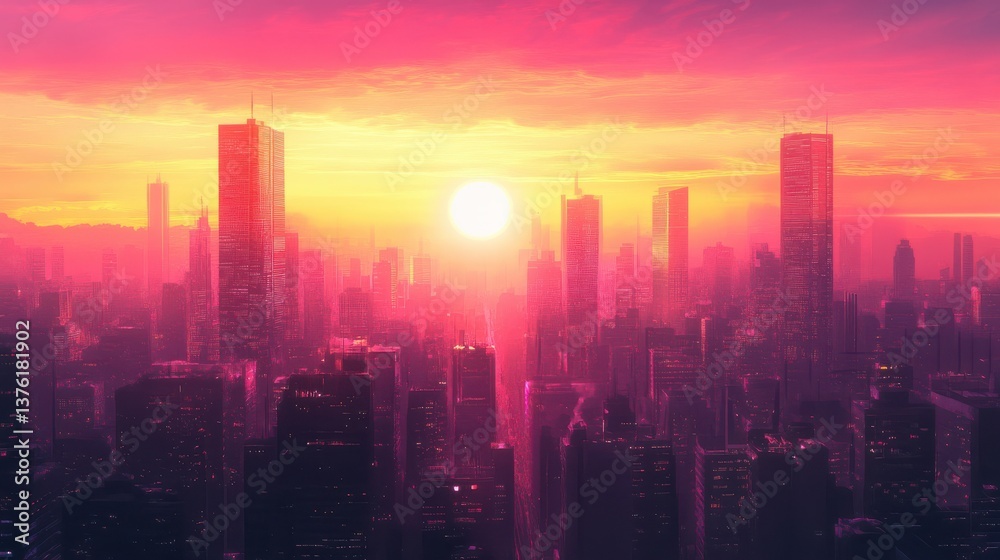 Fototapeta premium Gradient texture on a futuristic cityscape at sunset, glow, gradient illustration